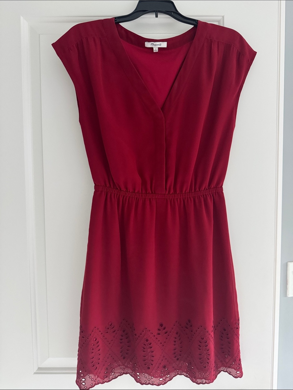 Madewell Burgundy V-Neck Elastic Waist Dress with Eyelet Hem